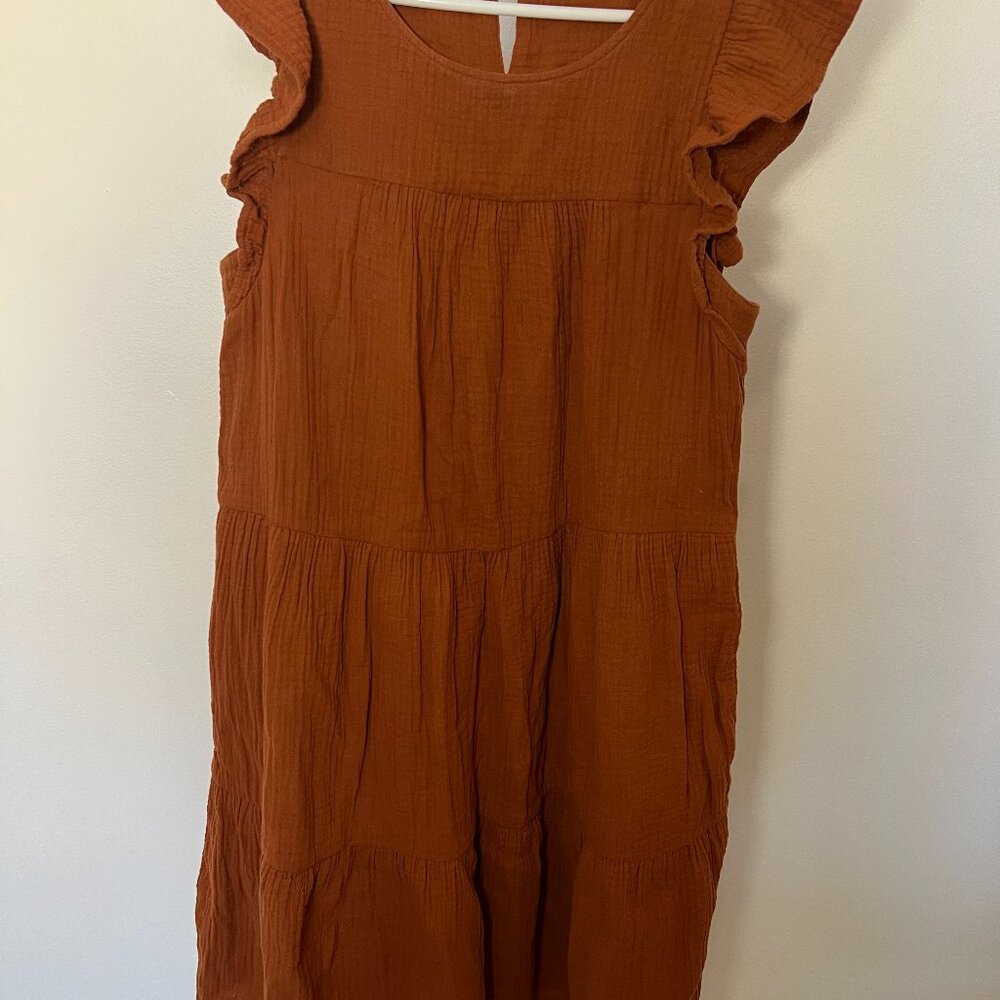 J.Crew Women’s Tiered Dress Ruffle Sleeve Rust Brown Casual Cotton